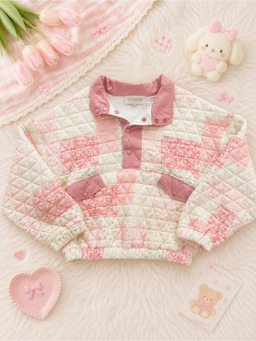 Veveret Pink Patchwork Quilted Pullover Jacket Size M Cottagecore Coquette